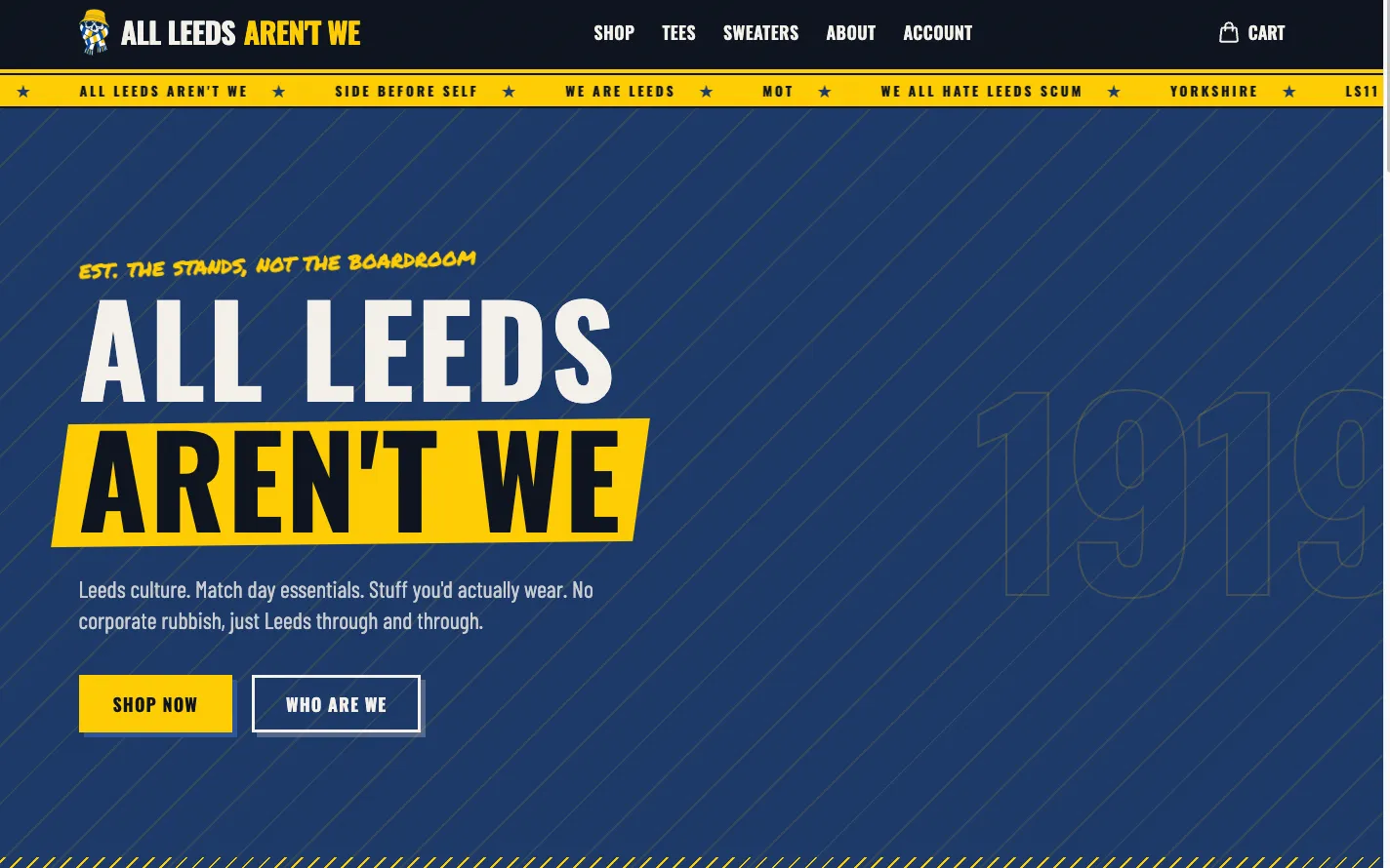 Screenshot of the All Leeds Aren’t We online shop homepage